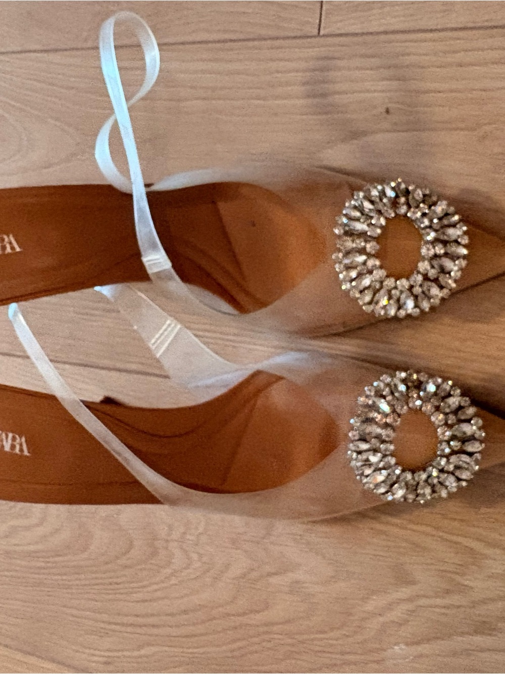 Zara Clear Slingback Heels with Crystal Round Brooch - Tan Insole